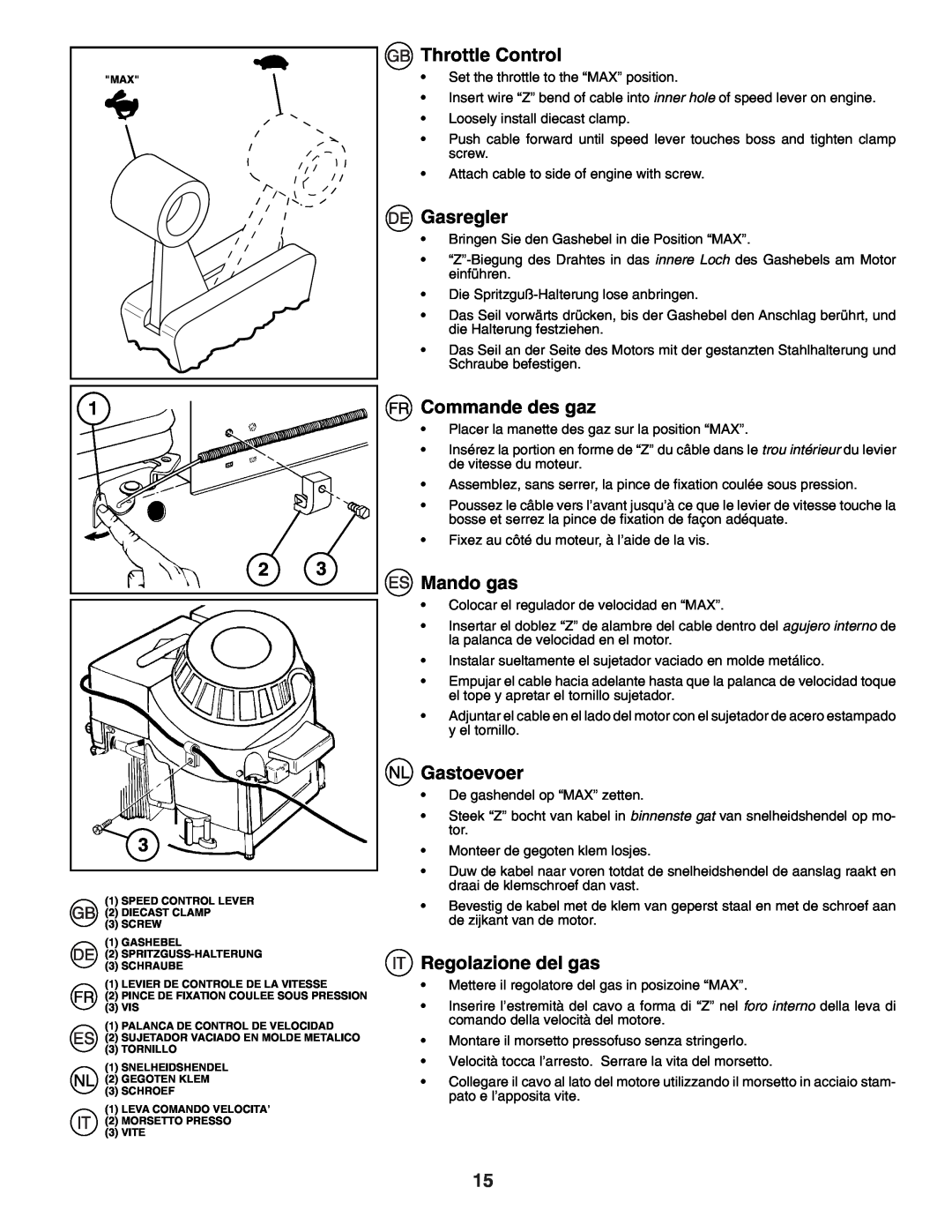 Husqvarna J50R instruction manual Throttle Control, Gasregler, Commande des gaz, Mando gas, Gastoevoer, Regolazione del gas 
