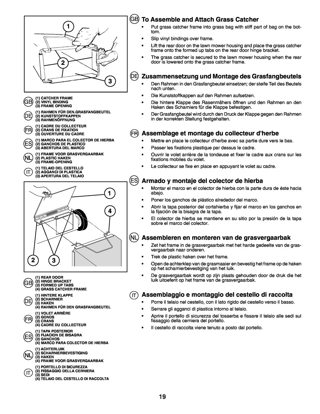 Husqvarna J50R instruction manual To Assemble and Attach Grass Catcher, Zusammensetzung und Montage des Grasfangbeutels 