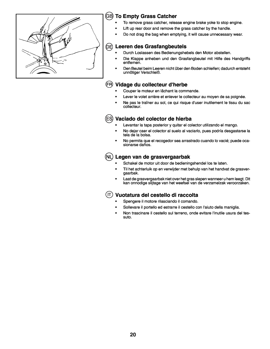 Husqvarna J50R instruction manual To Empty Grass Catcher, Leeren des Grasfangbeutels, Vidage du collecteur dherbe 