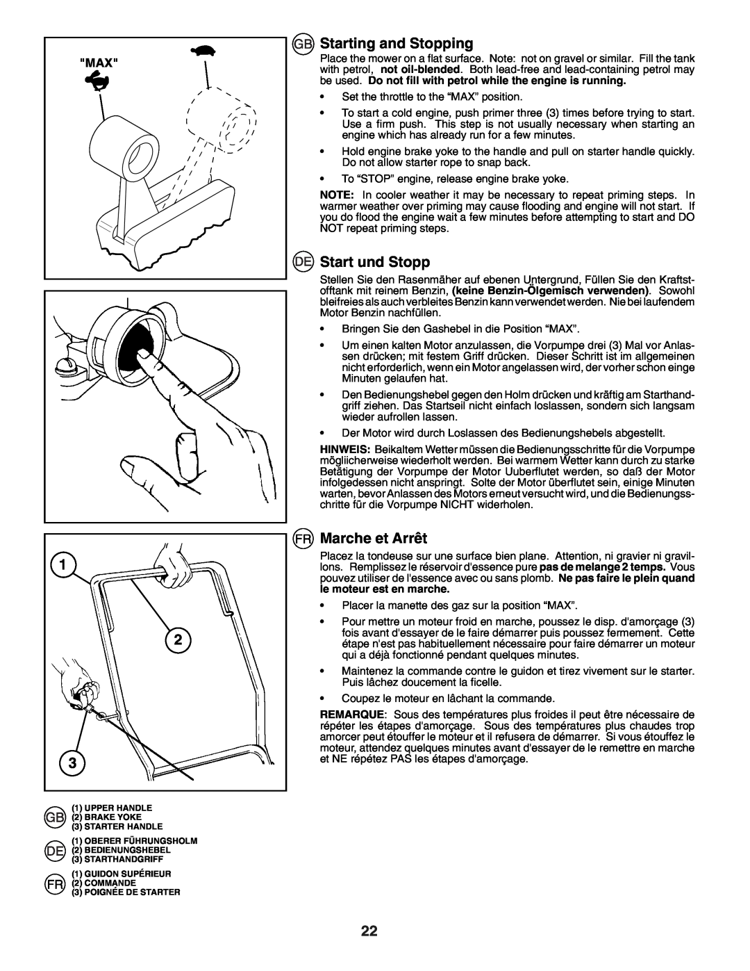 Husqvarna J50R instruction manual Starting and Stopping, Start und Stopp, Marche et Arrêt 
