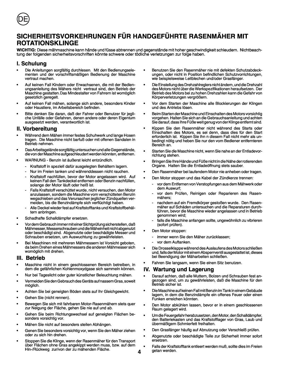 Husqvarna J50R instruction manual I. Schulung, II. Vorbereitung, III. Betrieb, IV. Wartung und Lagerung 