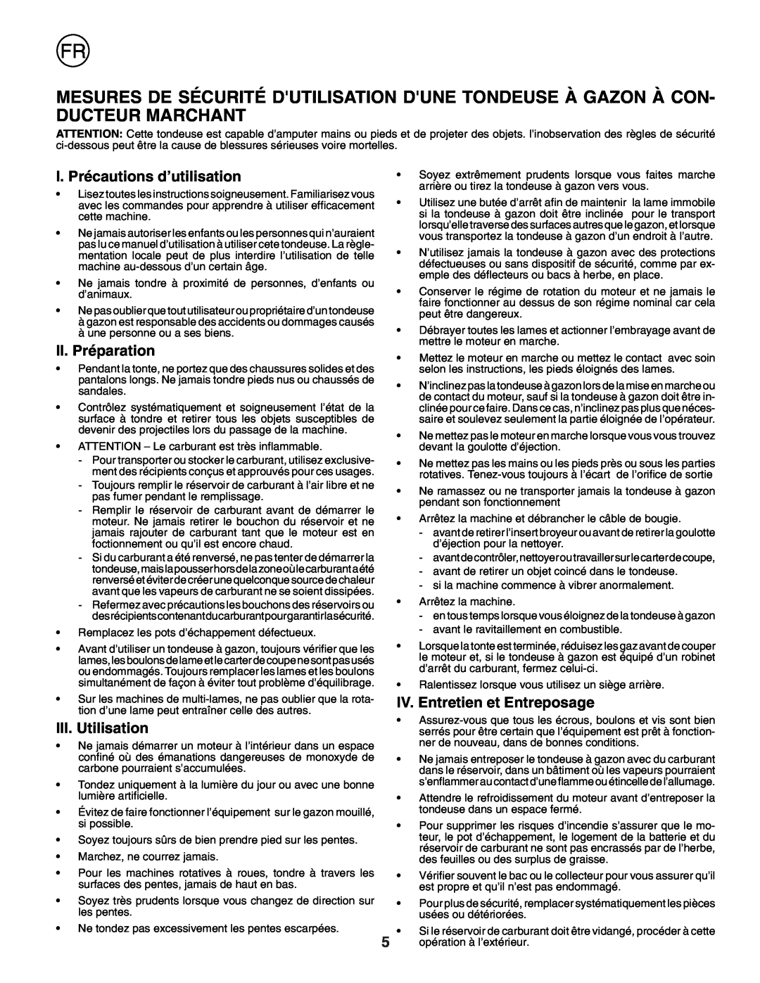 Husqvarna J50R I. Précautions d’utilisation, II. Préparation, III. Utilisation, IV. Entretien et Entreposage 
