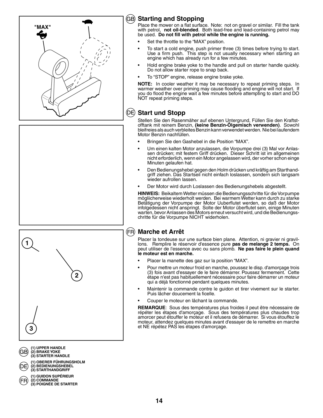 Husqvarna J50S instruction manual Starting and Stopping, Start und Stopp, Marche et Arrêt 