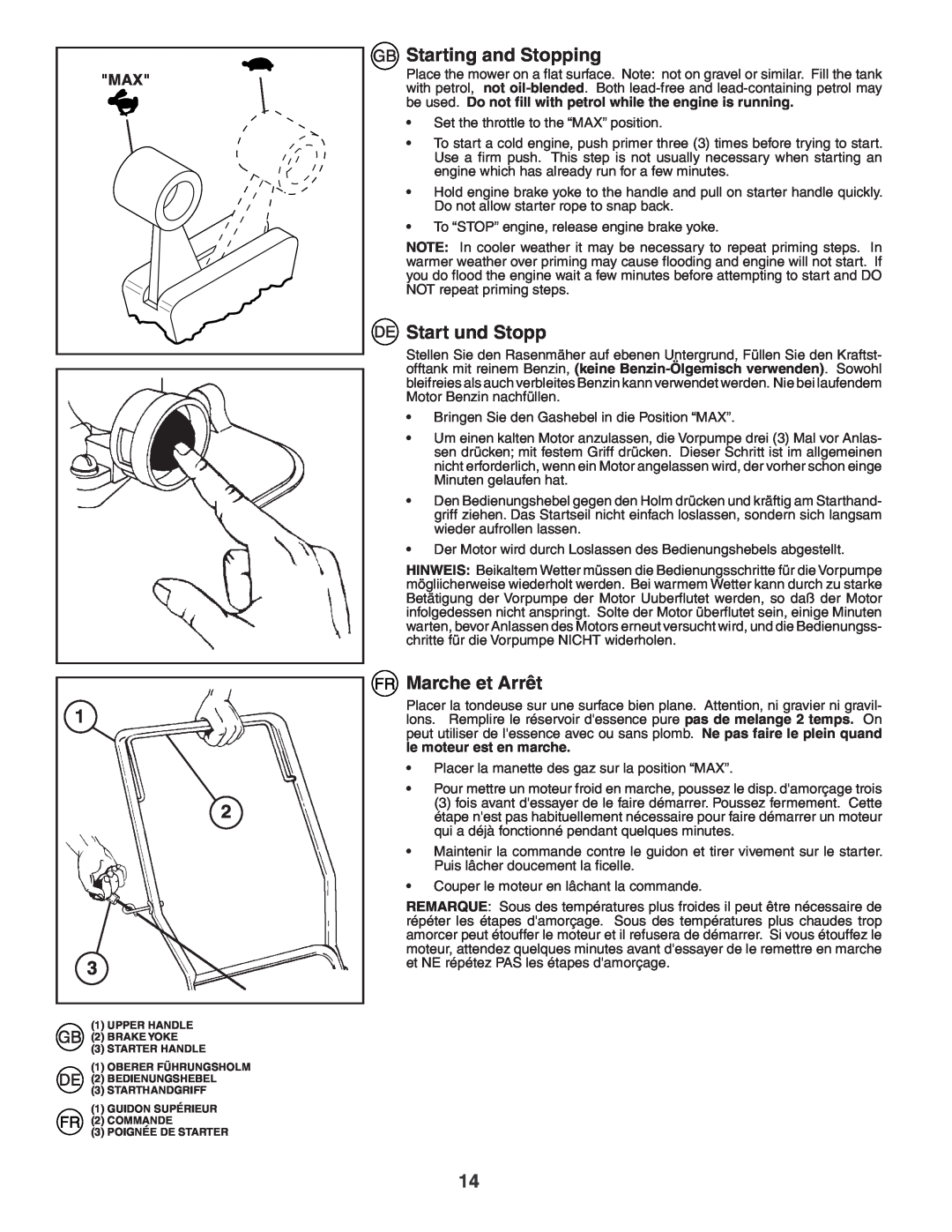 Husqvarna J50S instruction manual Starting and Stopping, Start und Stopp, Marche et Arrêt 
