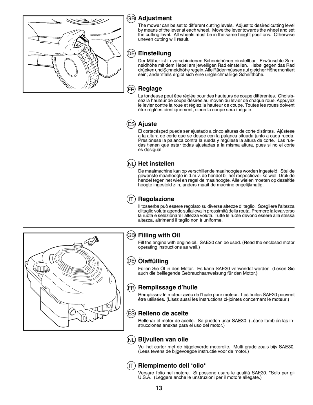 Husqvarna J55S Adjustment, Einstellung, Reglage, Ajuste, Het instellen, Regolazione, Filling with Oil, Ölaffülling 