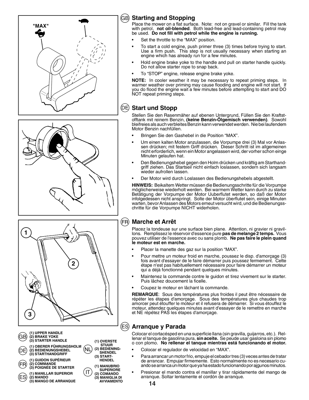 Husqvarna J55S instruction manual Starting and Stopping, Start und Stopp, Marche et Arrêt, Arranque y Parada 