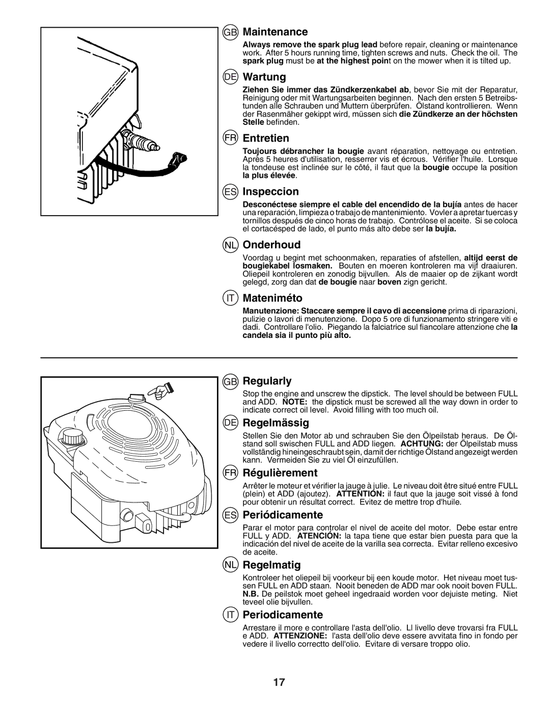 Husqvarna J55S Maintenance, Wartung, Entretien, Inspeccion, Onderhoud, Mateniméto, Regularly, Regelmässig, Régulièrement 