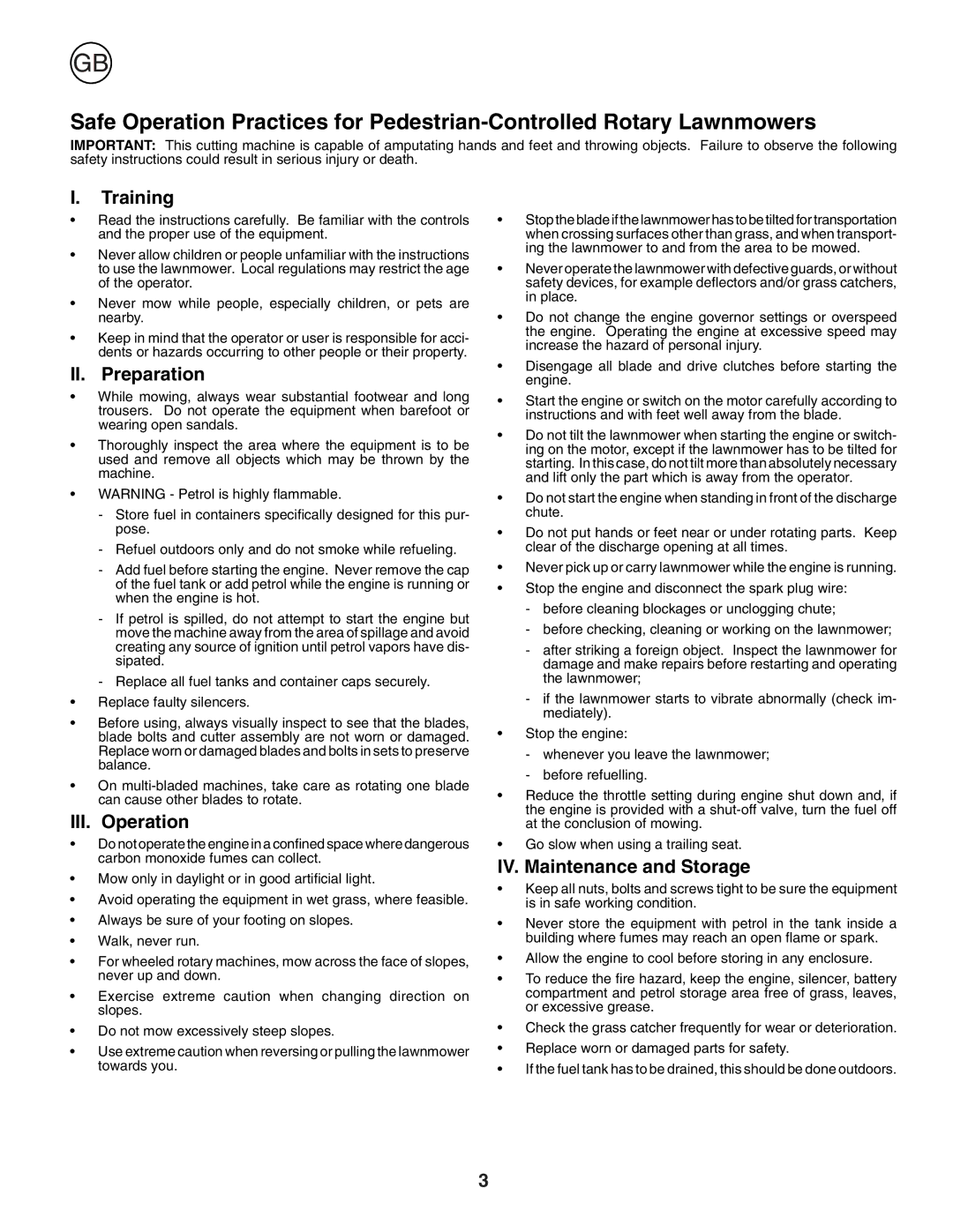 Husqvarna J55S instruction manual Training, II. Preparation, III. Operation, IV. Maintenance and Storage 