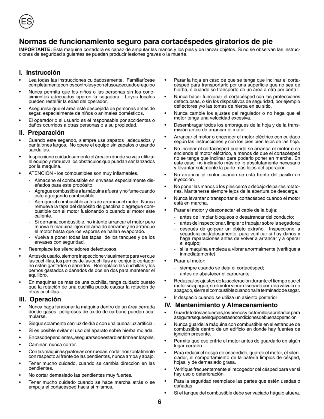 Husqvarna J55S instruction manual Instrucción, II. Preparación, III. Operación, IV. Mantenimiento y Almacenamiento 