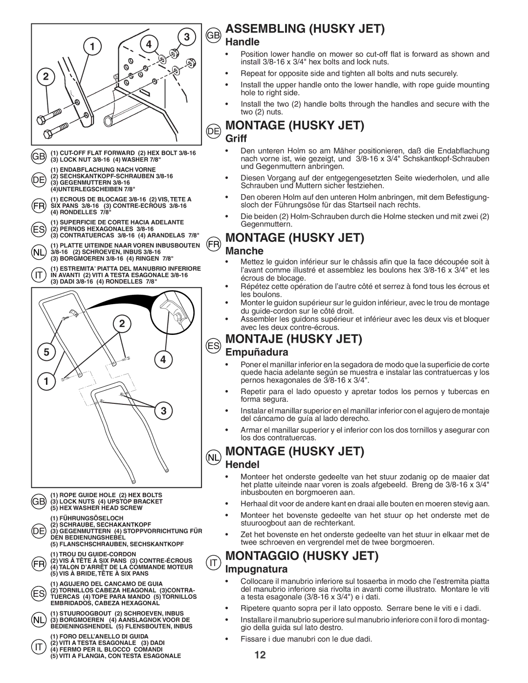 Husqvarna JET50R instruction manual Assembling Husky JET, Montage Husky JET, Montaje Husky JET, Montaggio Husky JET 