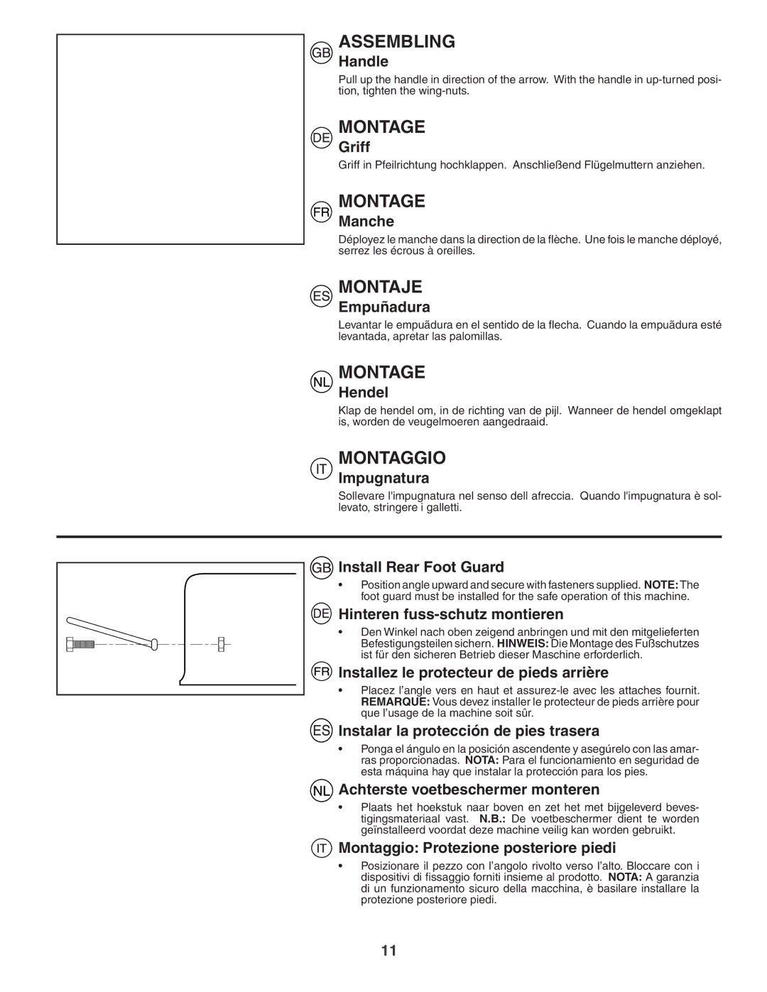 Husqvarna JET55S instruction manual Handle, Griff, Manche, Empuñadura, Hendel, Impugnatura, Install Rear Foot Guard 