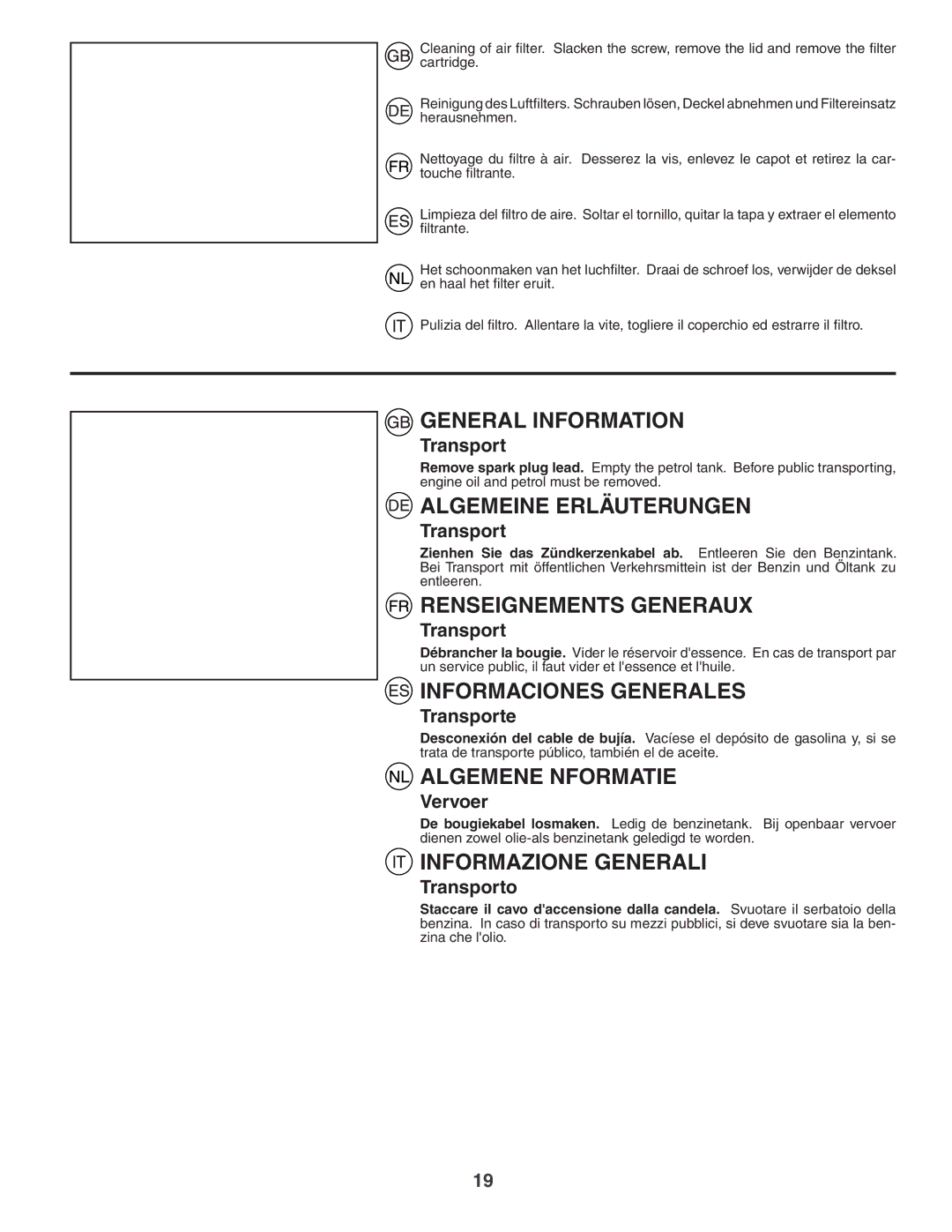 Husqvarna JET55S instruction manual Transporte, Vervoer, Transporto 