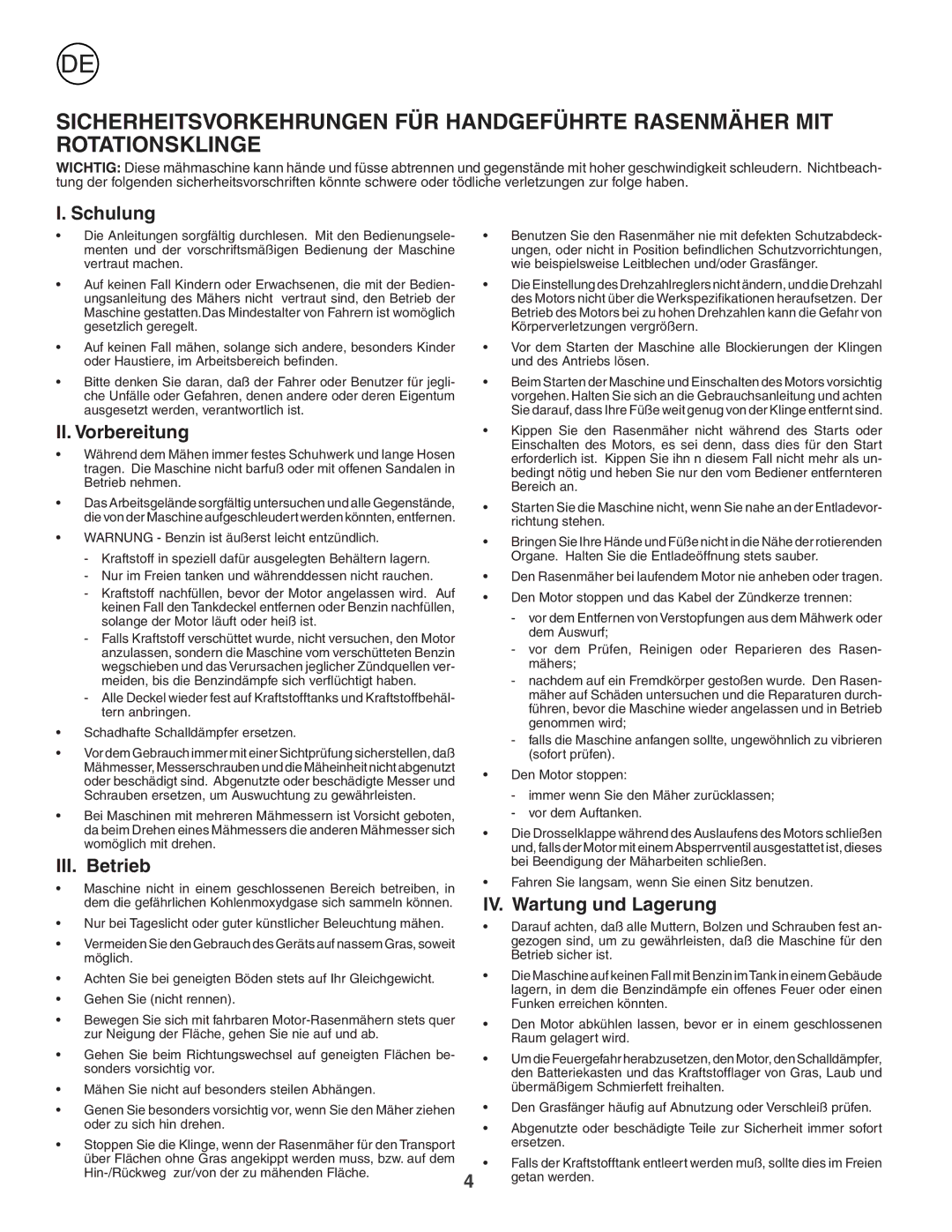 Husqvarna JET55S instruction manual Schulung, II. Vorbereitung, III. Betrieb, IV. Wartung und Lagerung 