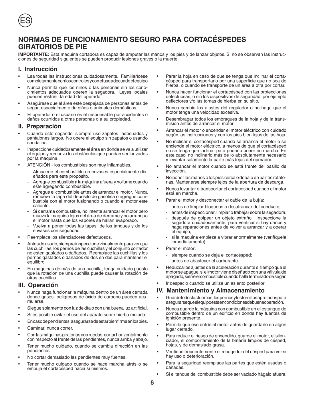 Husqvarna JET55S instruction manual Instrucción, II. Preparación, III. Operación, IV. Mantenimiento y Almacenamiento 