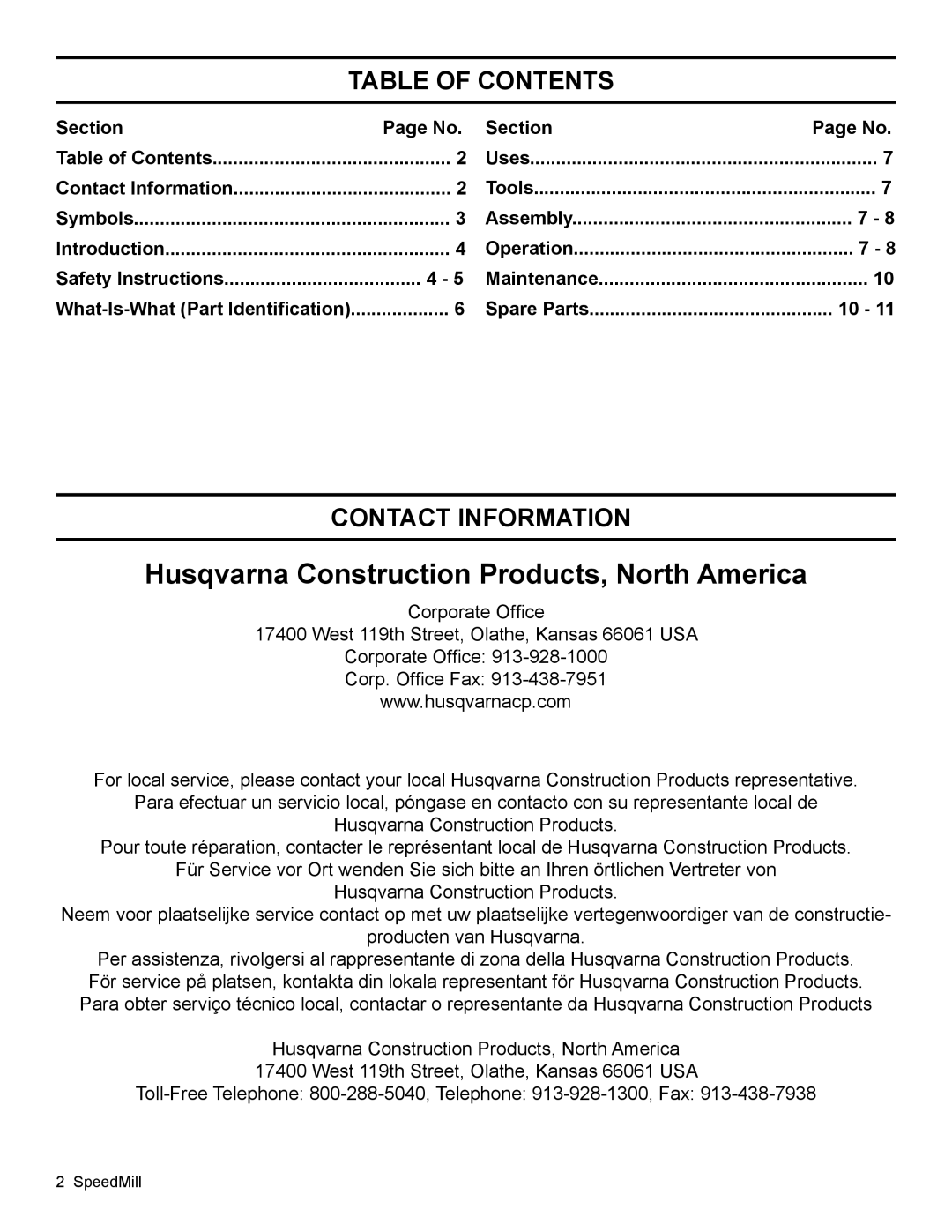 Husqvarna K 750 manual Table Of Contents, Contact Information, Section, Spare Parts 