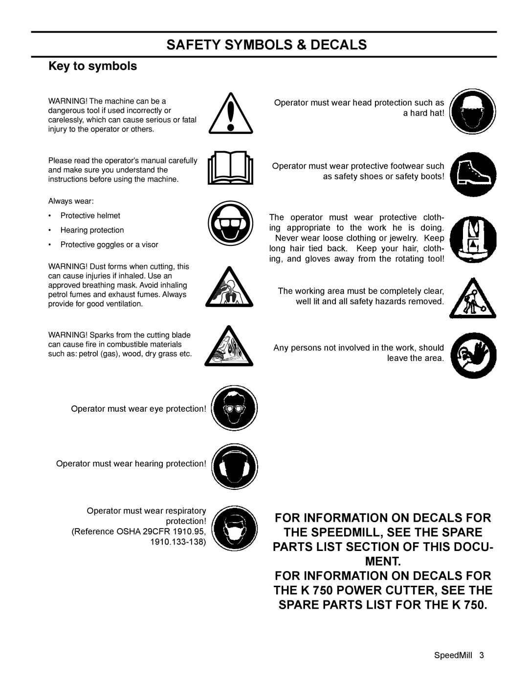 Husqvarna K 750 manual Safety Symbols & Decals, Key to symbols 