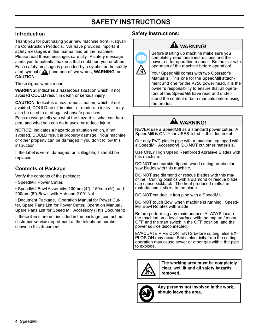 Husqvarna K 750 manual Safety Instructions, Introduction, Contents of Package 