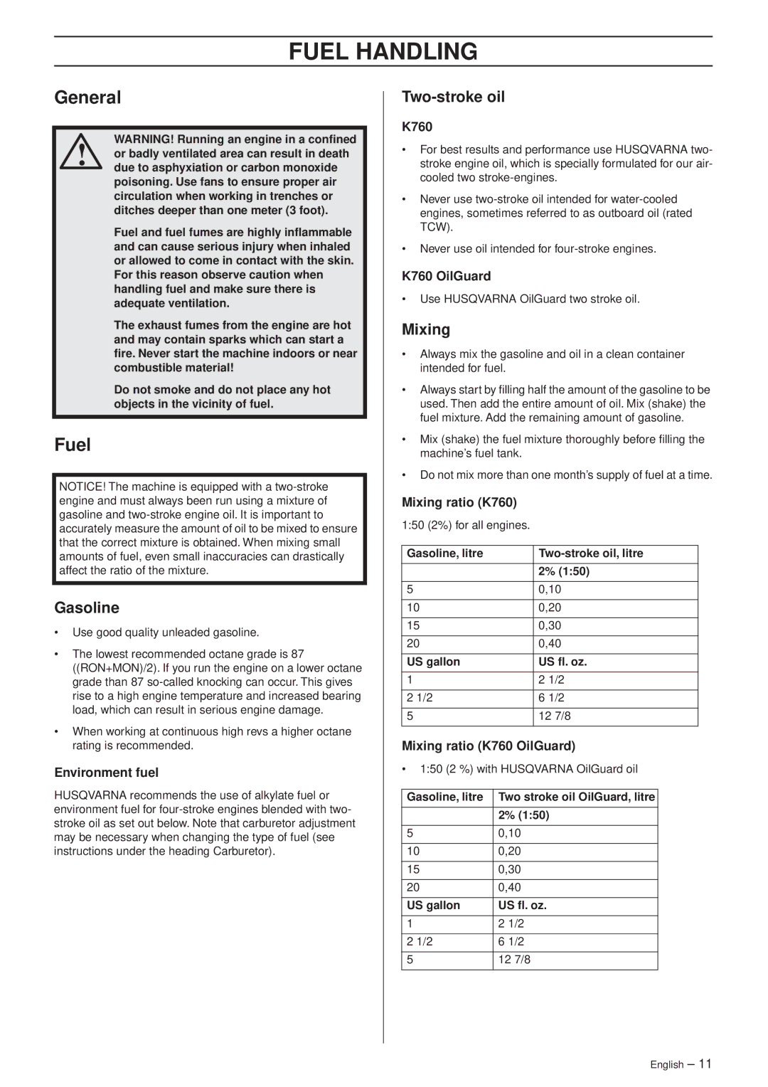 Husqvarna K 760 manual Fuel Handling, Gasoline, Two-stroke oil, Mixing 