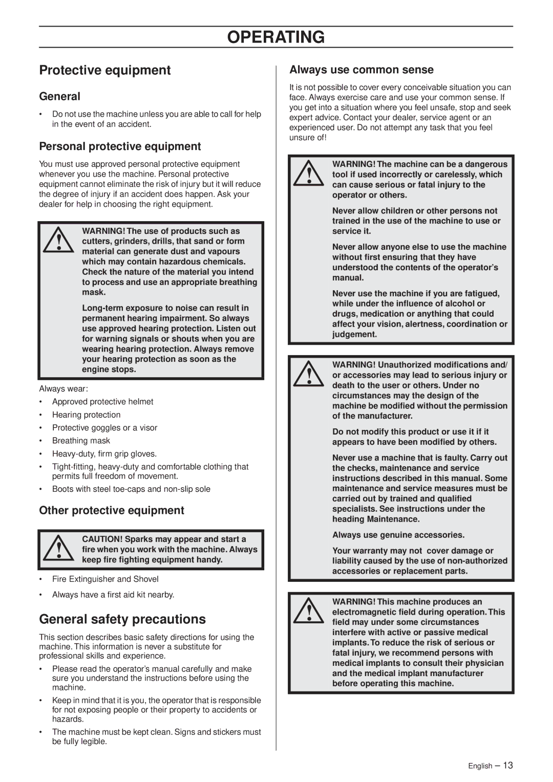 Husqvarna K 760 manual Operating, Protective equipment, General safety precautions 