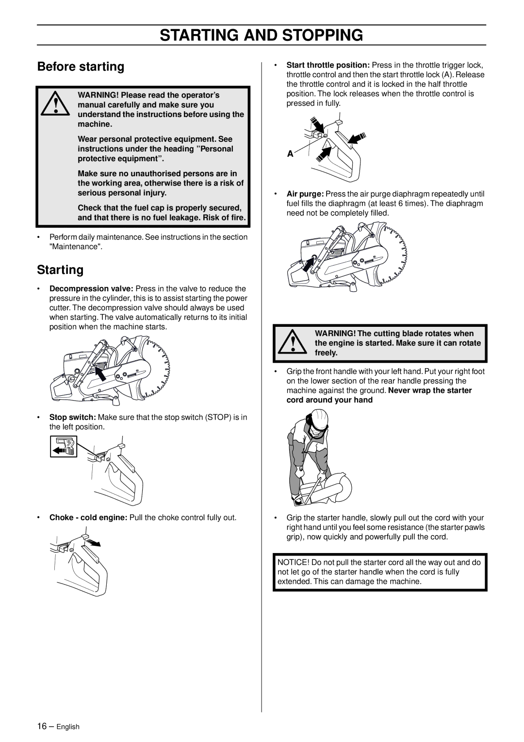 Husqvarna K 760 manual Starting and Stopping, Before starting 