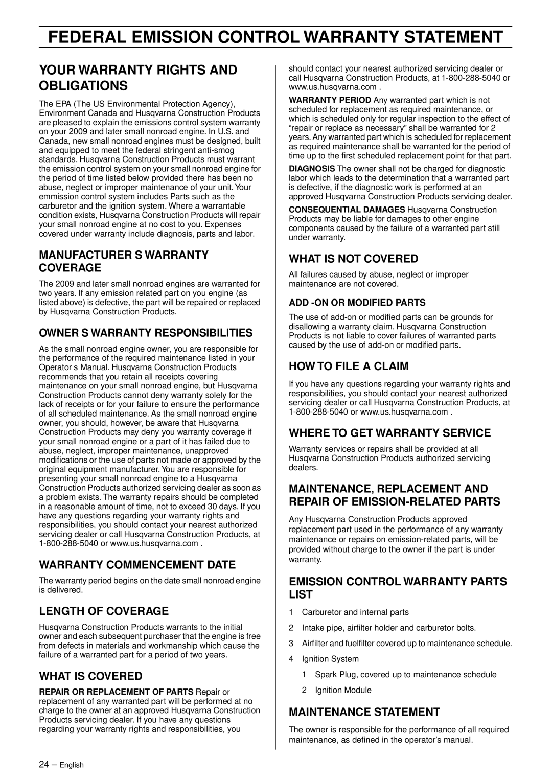 Husqvarna K 760 manual Federal Emission Control Warranty Statement, Your Warranty Rights and Obligations 