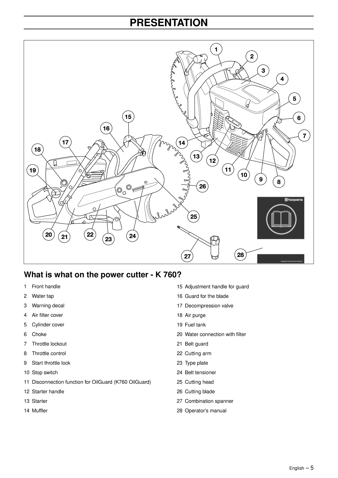 Husqvarna manual Presentation, What is what on the power cutter K 760? 