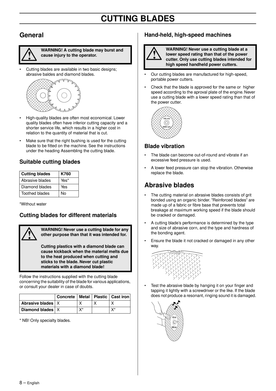 Husqvarna K 760 manual Cutting Blades, Abrasive blades 