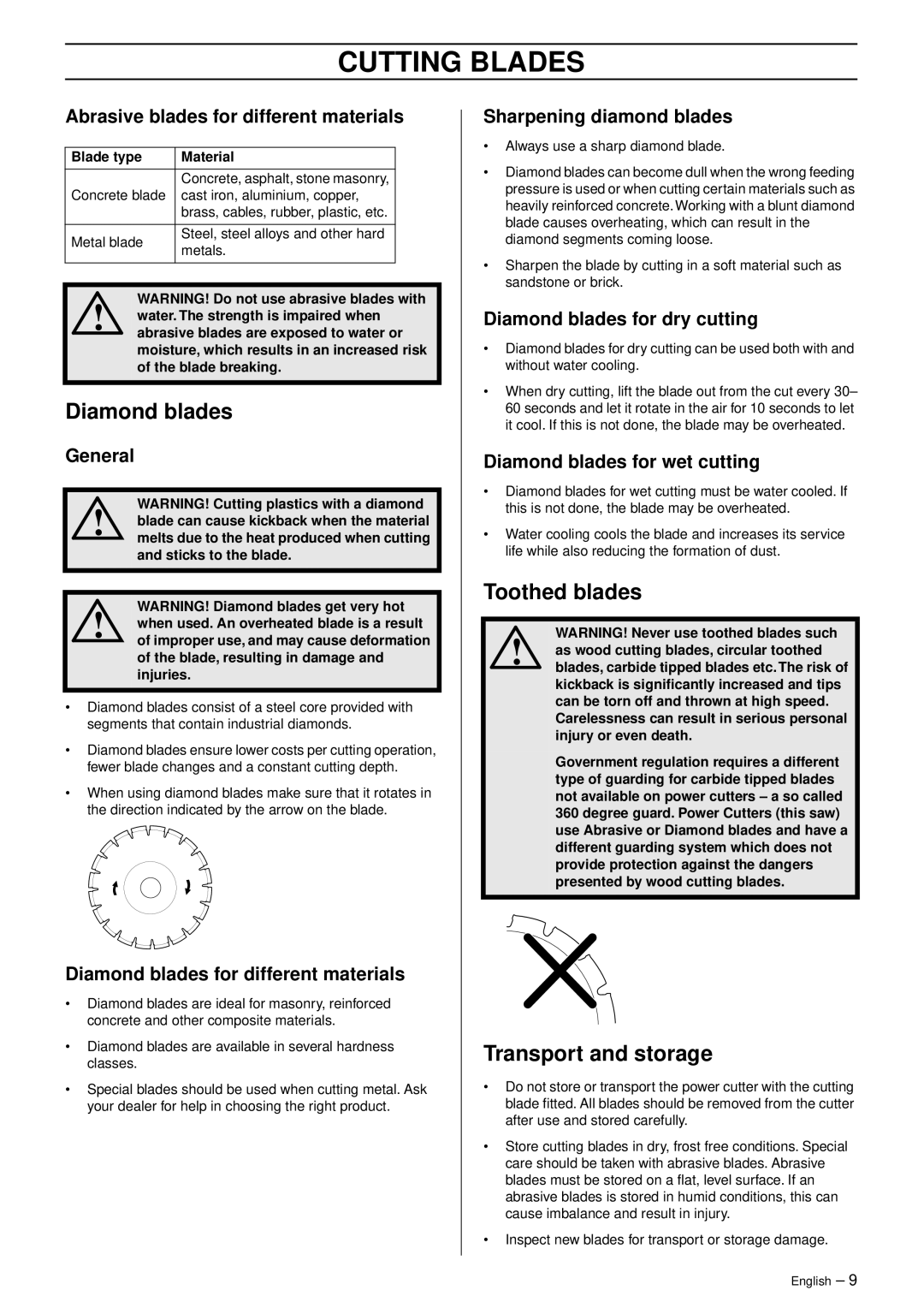 Husqvarna K 760 manual Diamond blades, Toothed blades, Transport and storage 