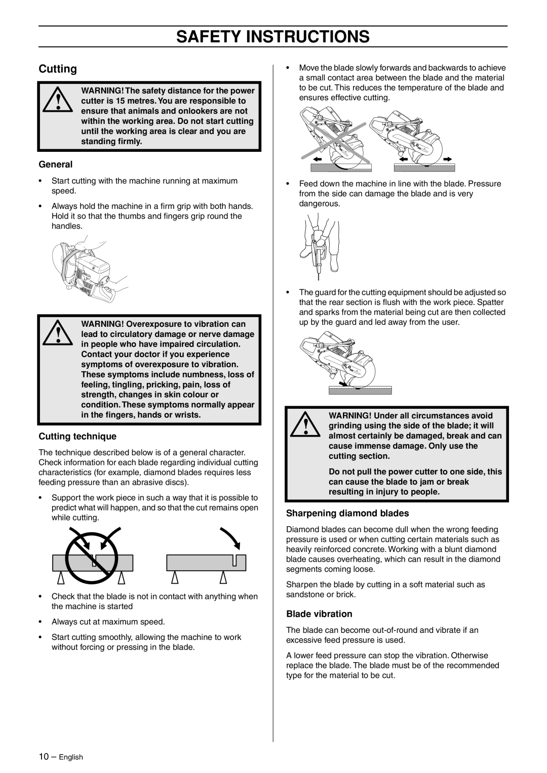 Husqvarna K1250 manual General, Cutting technique, Sharpening diamond blades, Blade vibration 