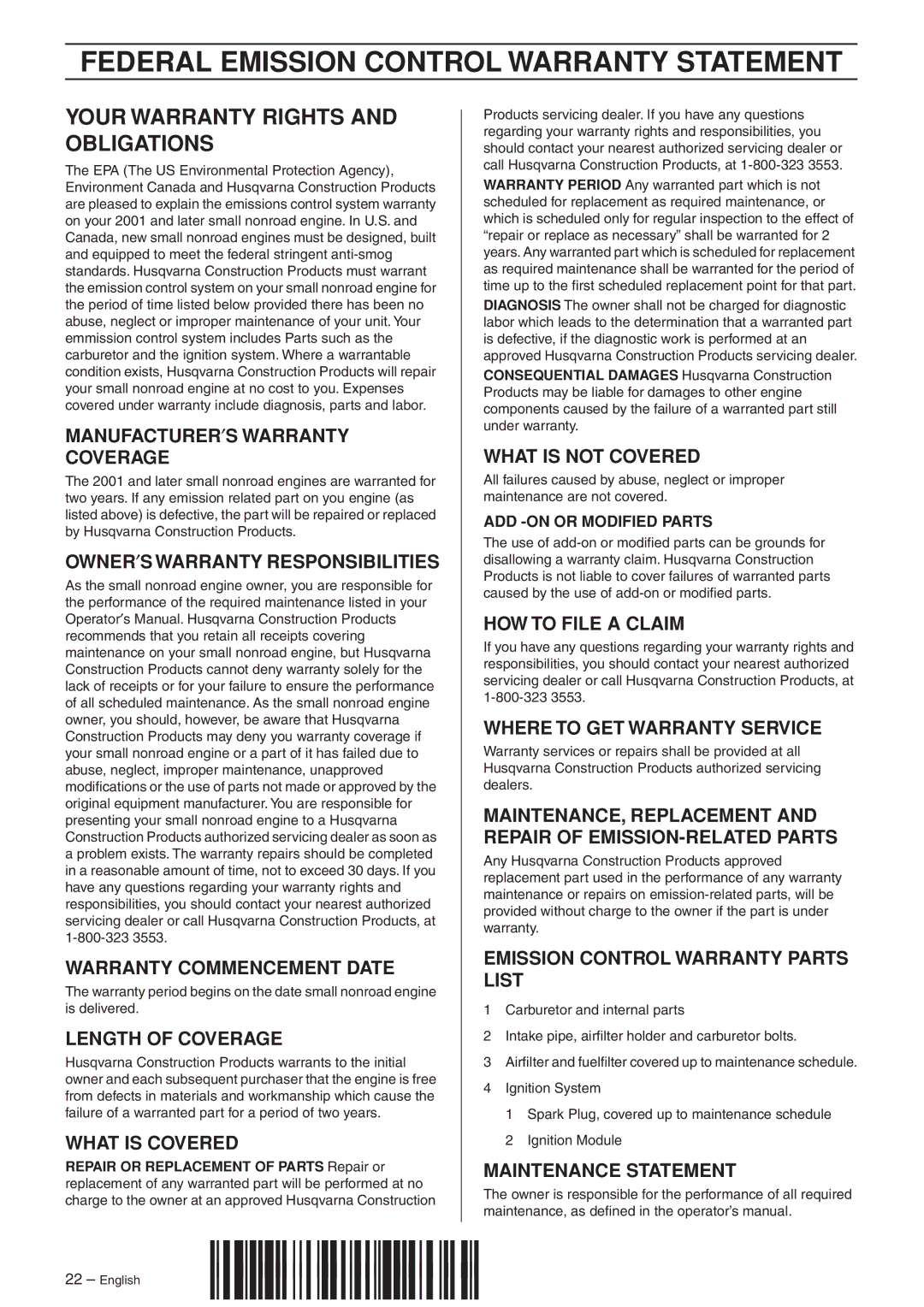 Husqvarna K1250 manual Federal Emission Control Warranty Statement, Your Warranty Rights and Obligations 