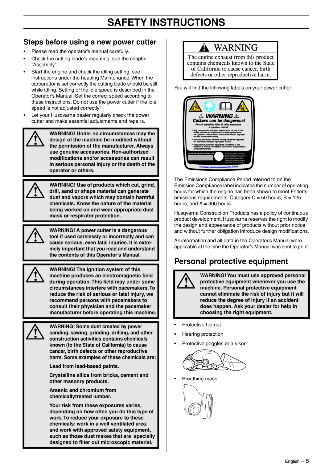 Husqvarna K1250 manual Safety Instructions, Personal protective equipment 