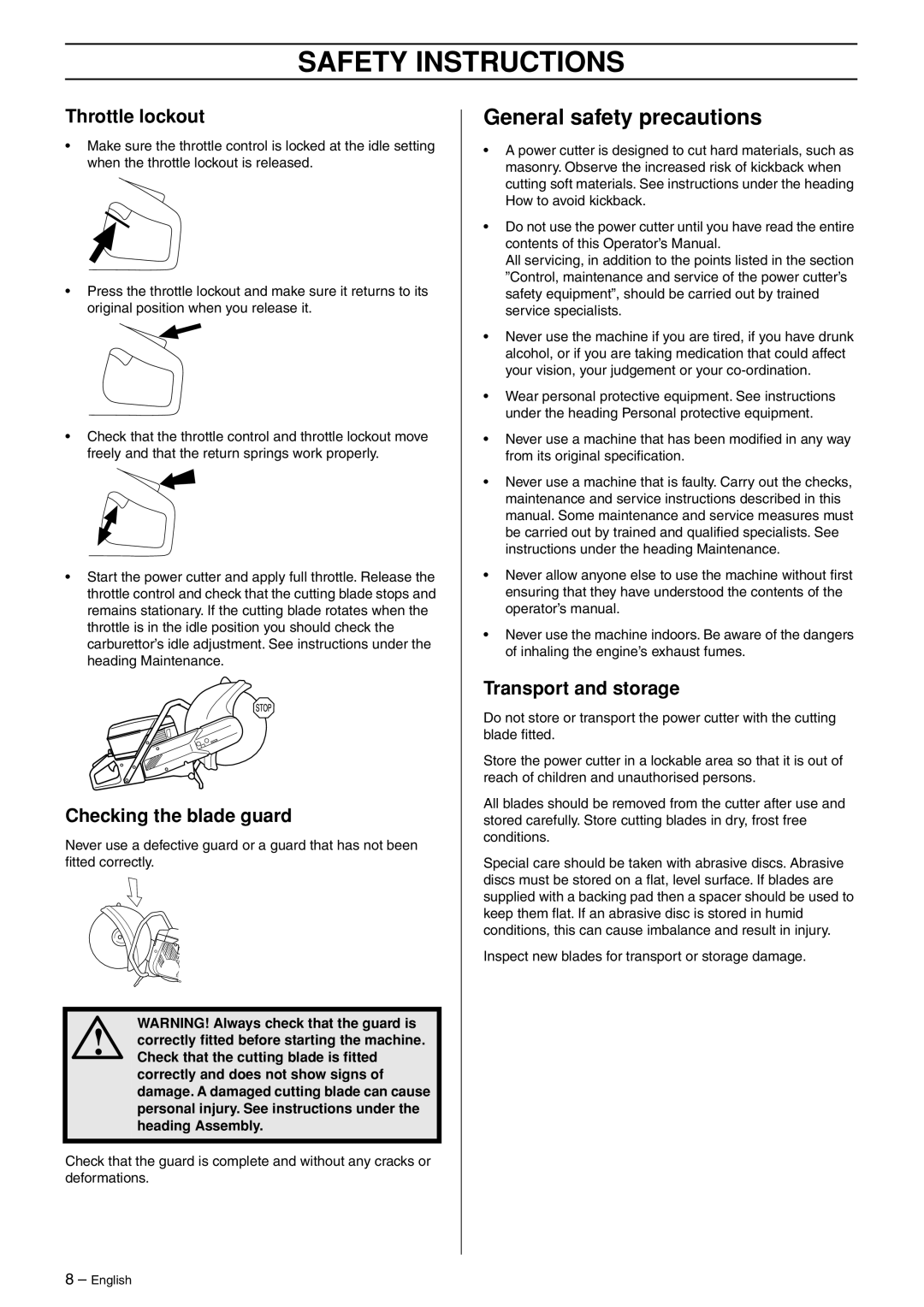 Husqvarna K1250 manual General safety precautions, Checking the blade guard, Transport and storage 