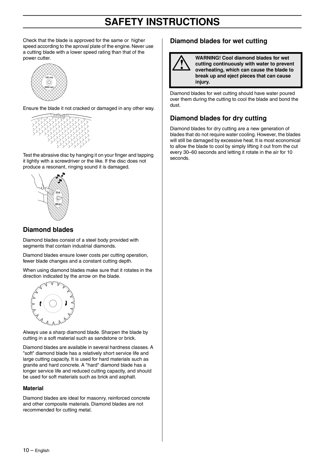 Husqvarna k2500 manual Diamond blades for wet cutting, Diamond blades for dry cutting, Material 