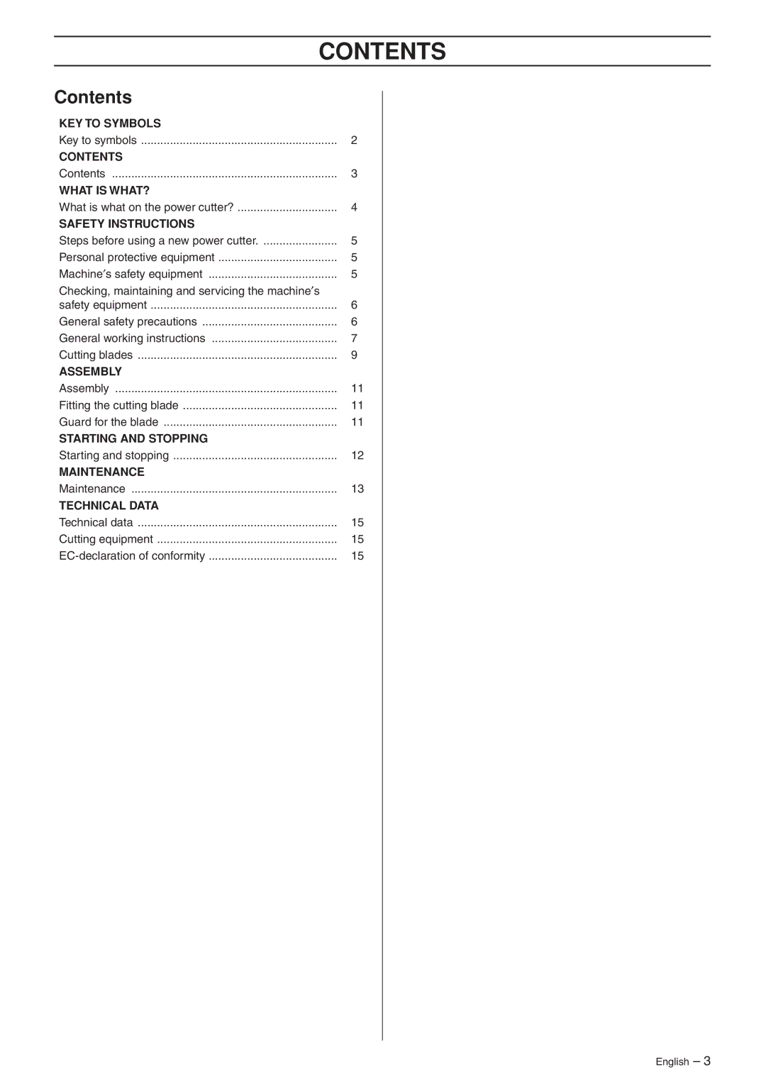 Husqvarna k2500 manual Contents 