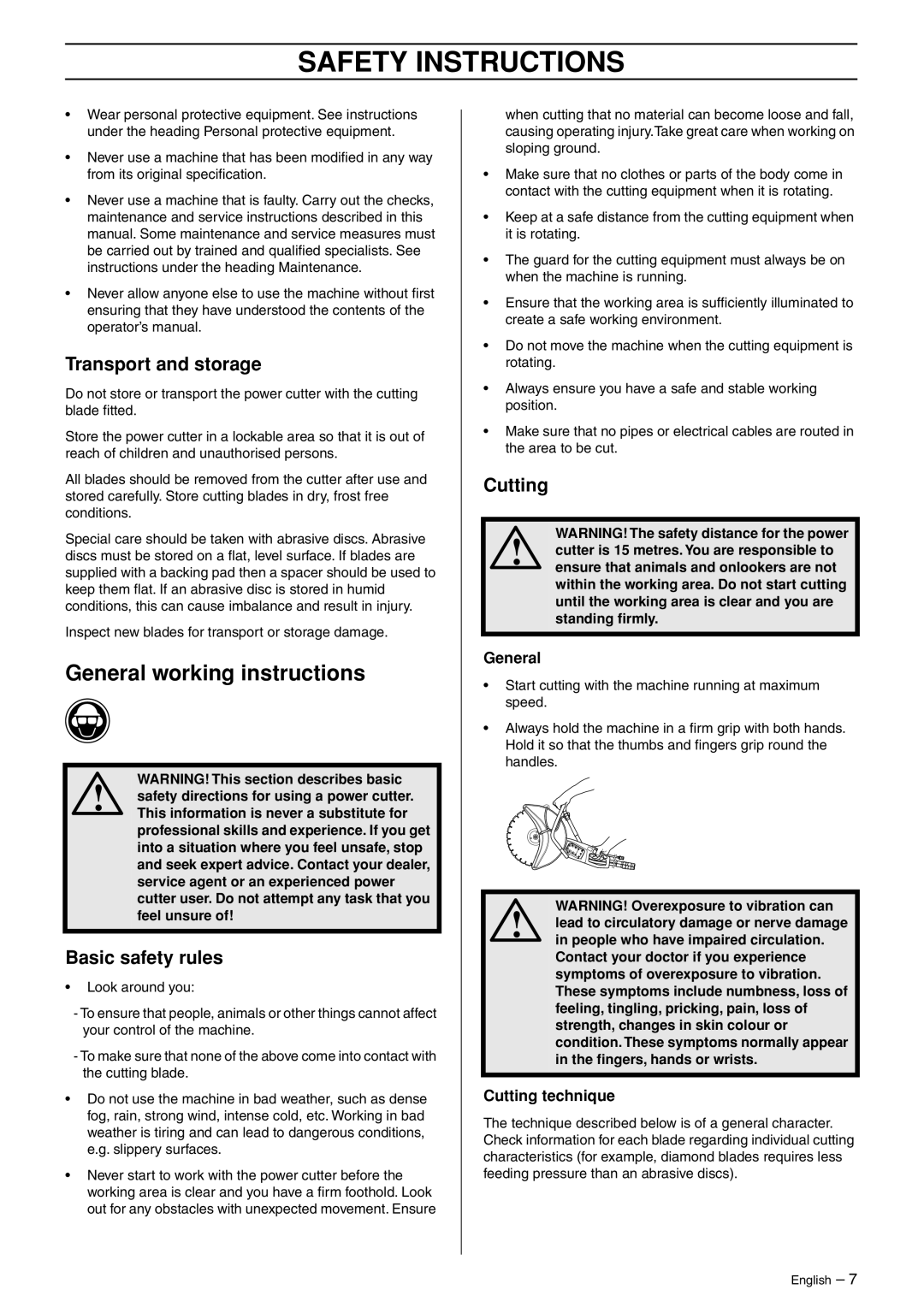 Husqvarna k2500 manual General working instructions, Transport and storage, Basic safety rules, Cutting 