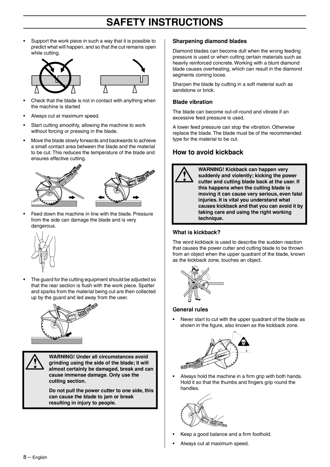 Husqvarna k2500 manual How to avoid kickback, Sharpening diamond blades, Blade vibration, What is kickback?, General rules 