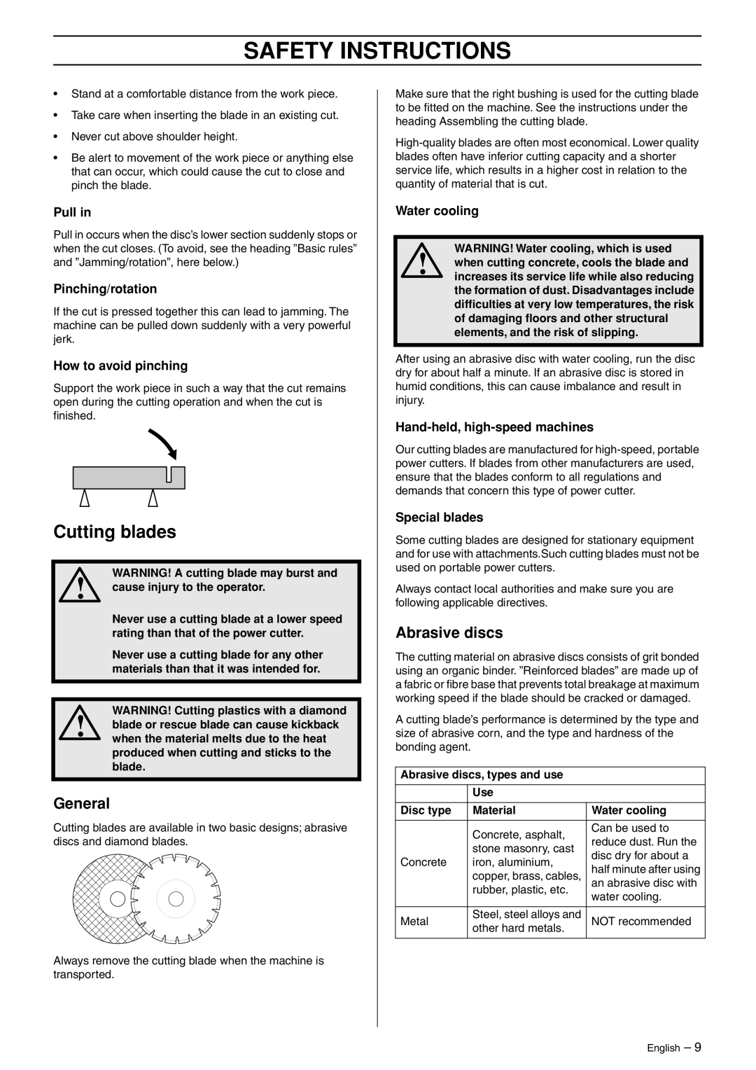 Husqvarna k2500 manual Cutting blades, General, Abrasive discs 