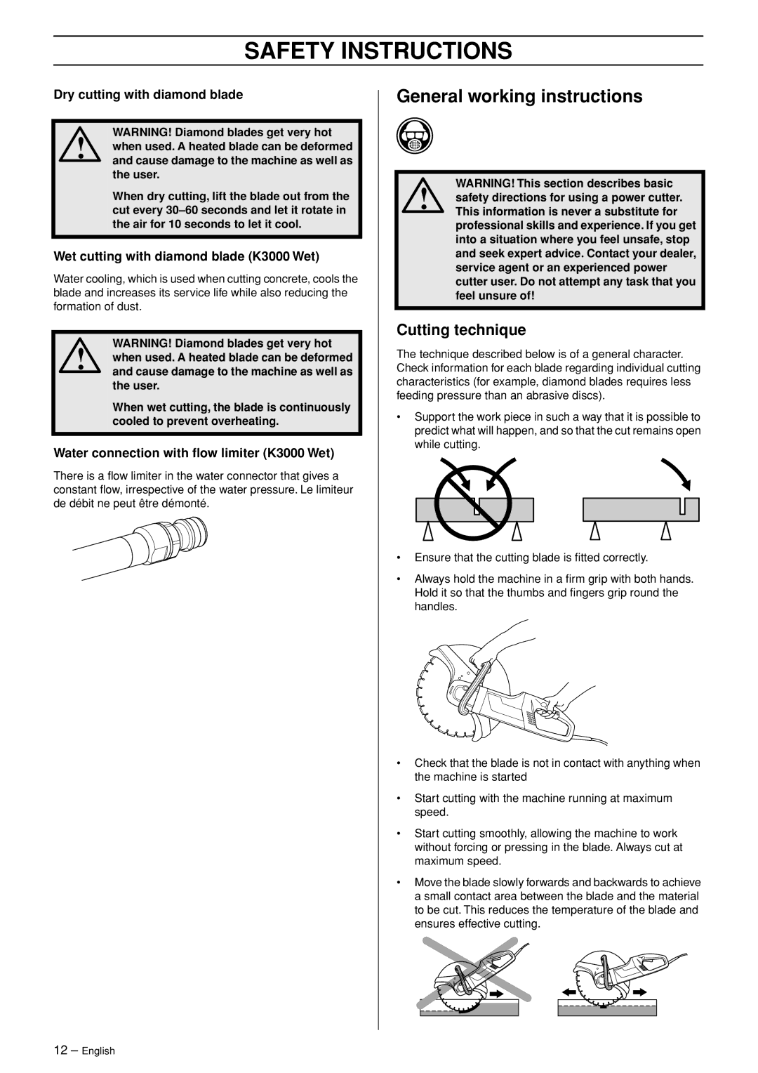 Husqvarna K3000 Wet manual General working instructions, Cutting technique, Dry cutting with diamond blade 