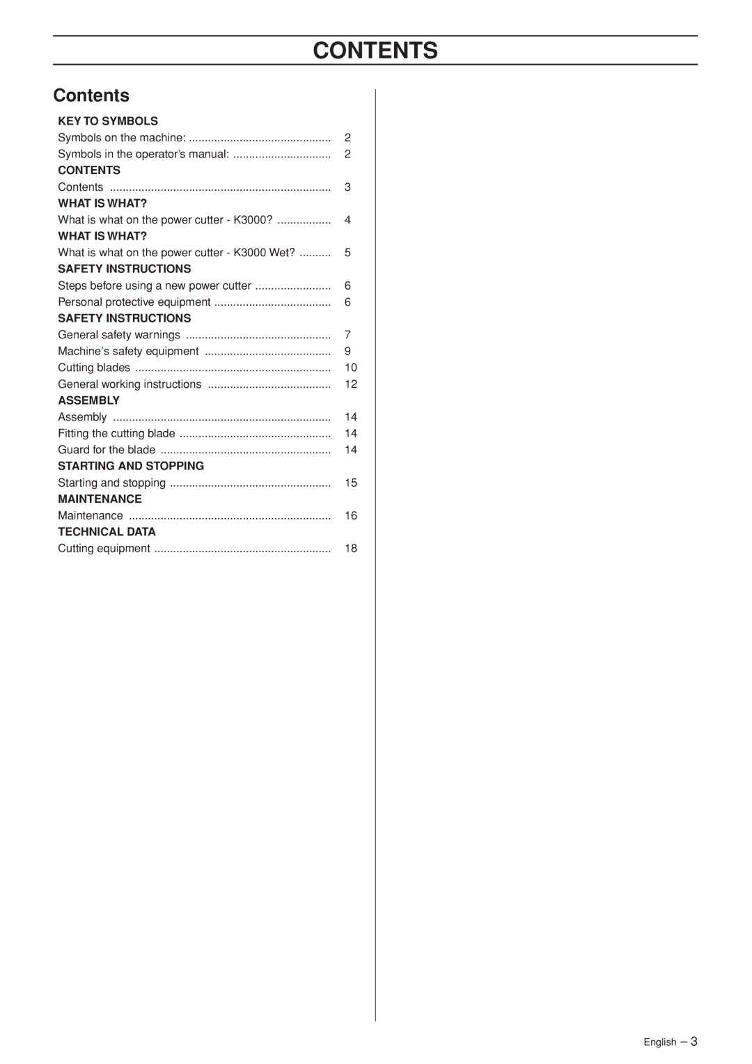 Husqvarna K3000 Wet manual Contents 