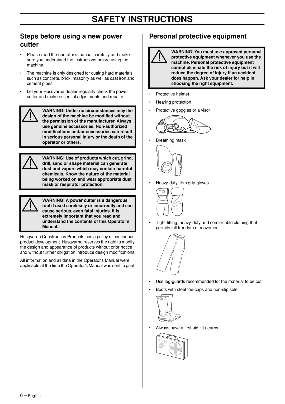 Husqvarna K3000 Wet manual Safety Instructions, Steps before using a new power cutter, Personal protective equipment 