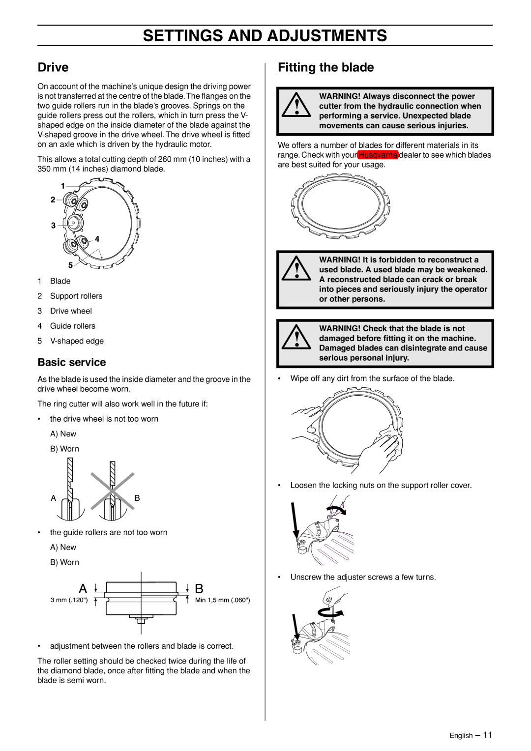 Husqvarna K3600 MKII manual Settings and Adjustments, Drive, Fitting the blade, Basic service 