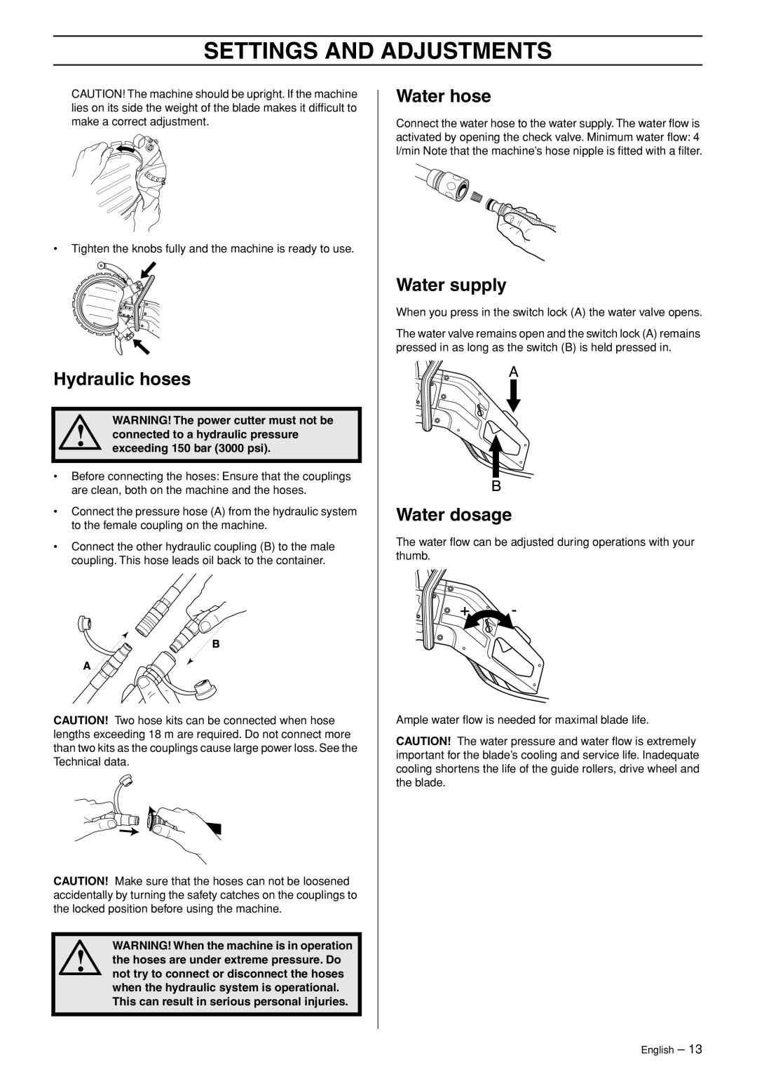 Husqvarna K3600 MKII manual Hydraulic hoses, Water hose, Water supply, Water dosage 