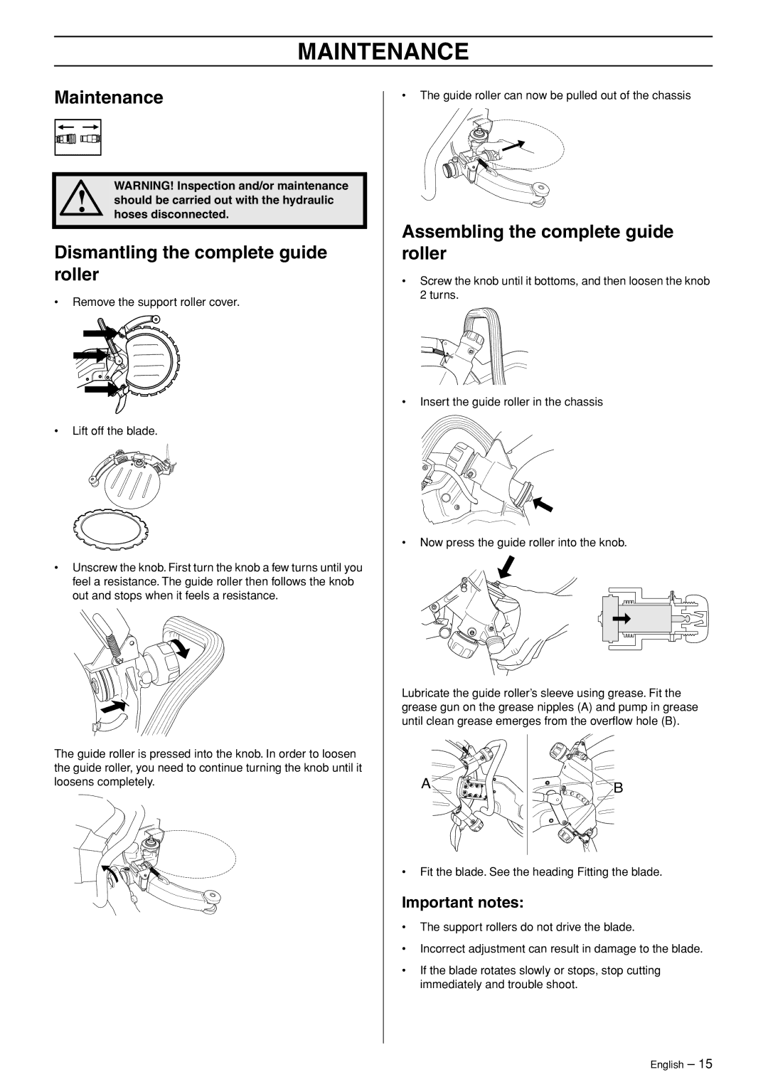 Husqvarna K3600 MKII manual Maintenance, Dismantling the complete guide roller, Assembling the complete guide roller 