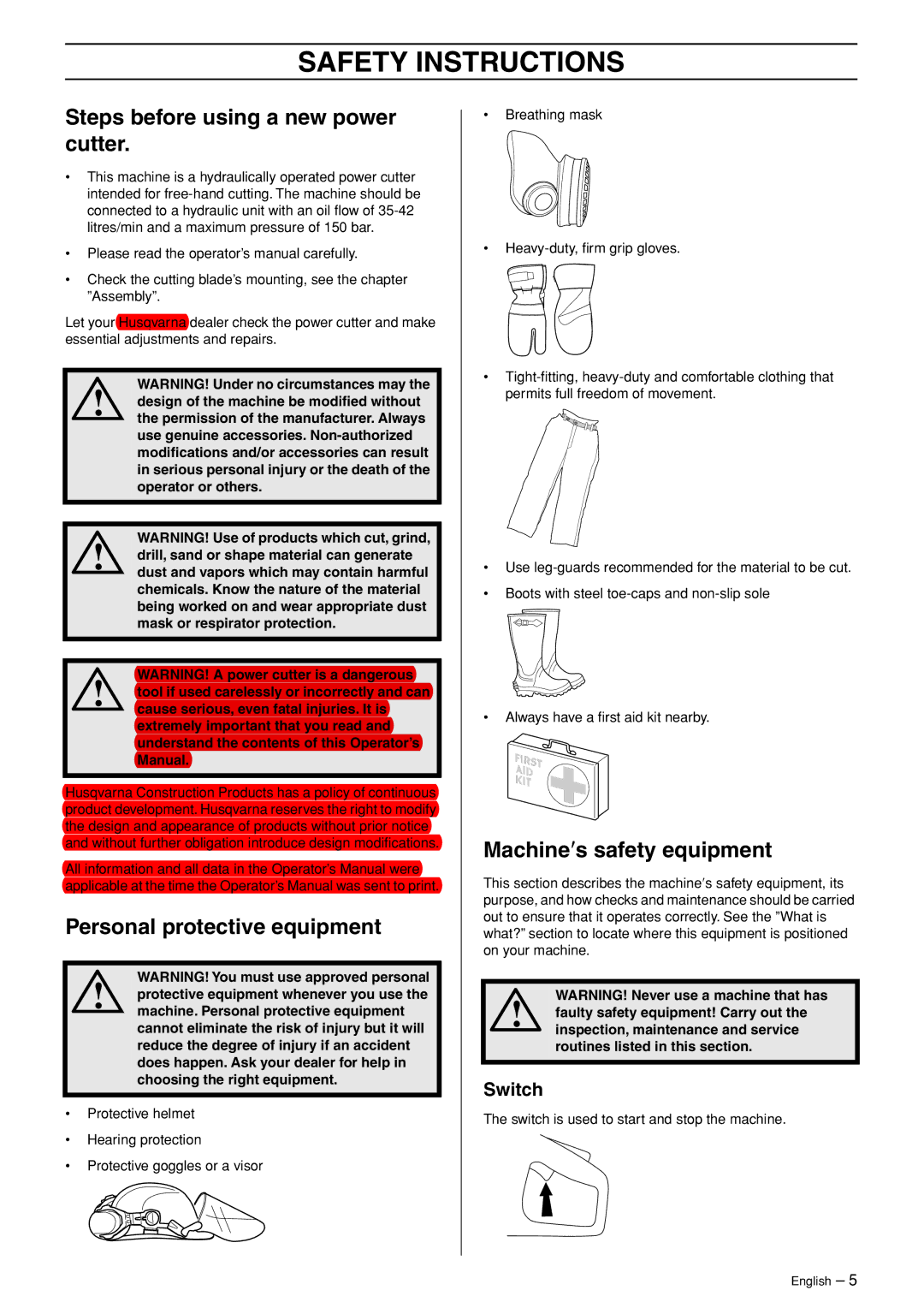 Husqvarna K3600 MKII Safety Instructions, Steps before using a new power cutter, Personal protective equipment, Switch 