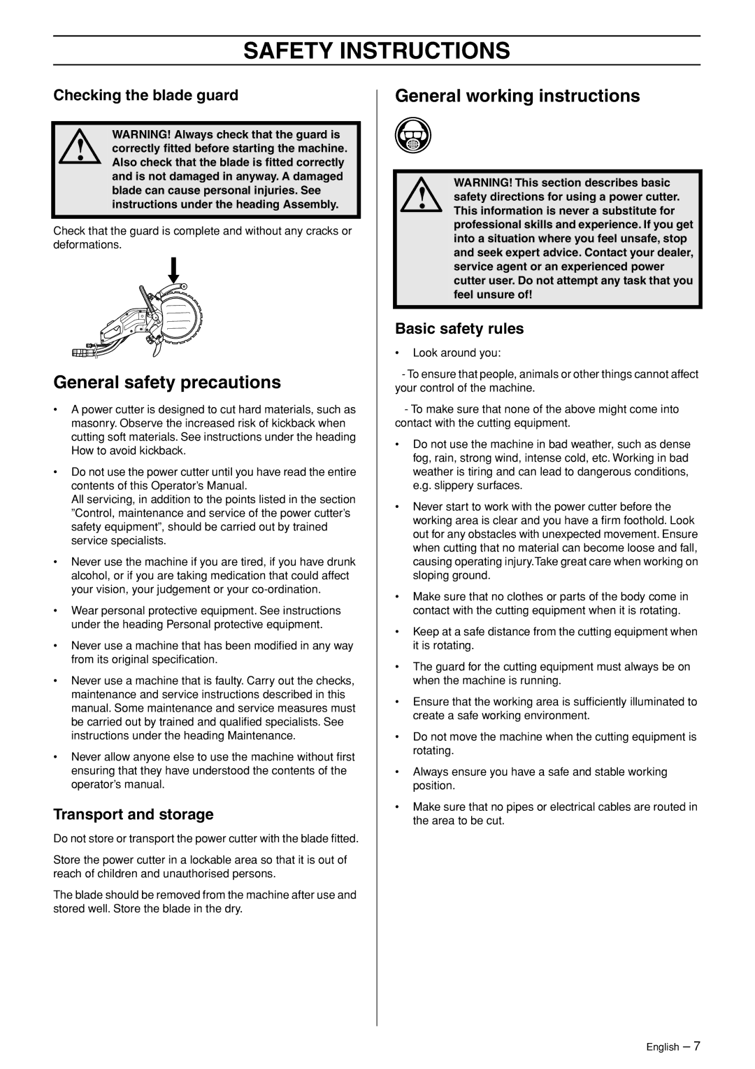 Husqvarna K3600 MKII manual General safety precautions, General working instructions, Checking the blade guard 