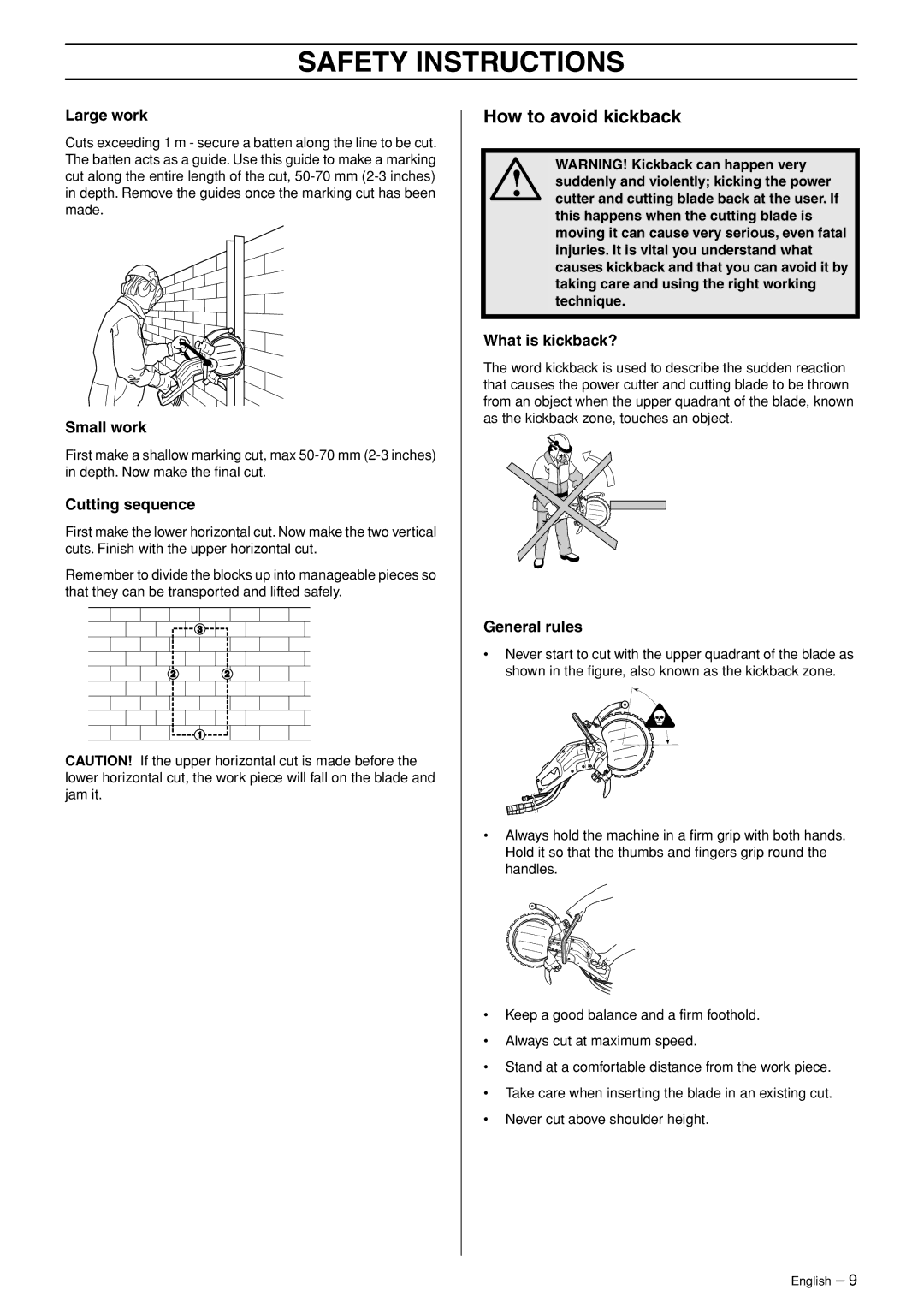 Husqvarna K3600 MKII manual How to avoid kickback, Large work 