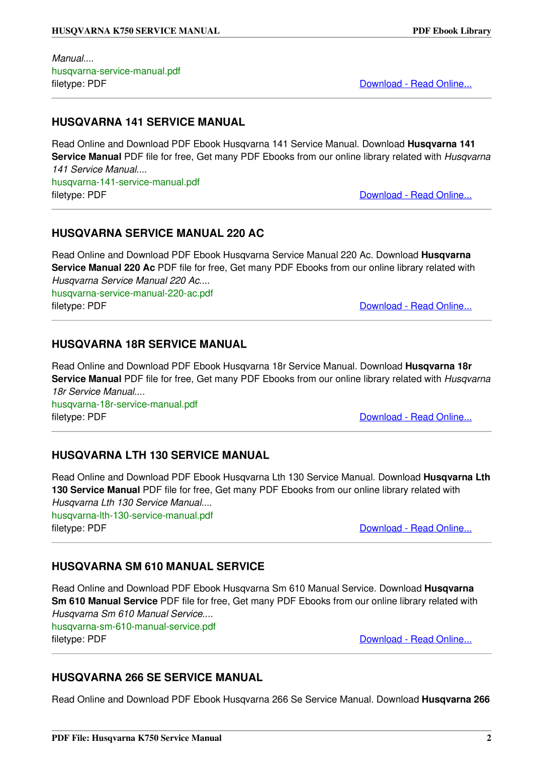 Husqvarna K750 service manual Husqvarna SM 610 Manual Service 