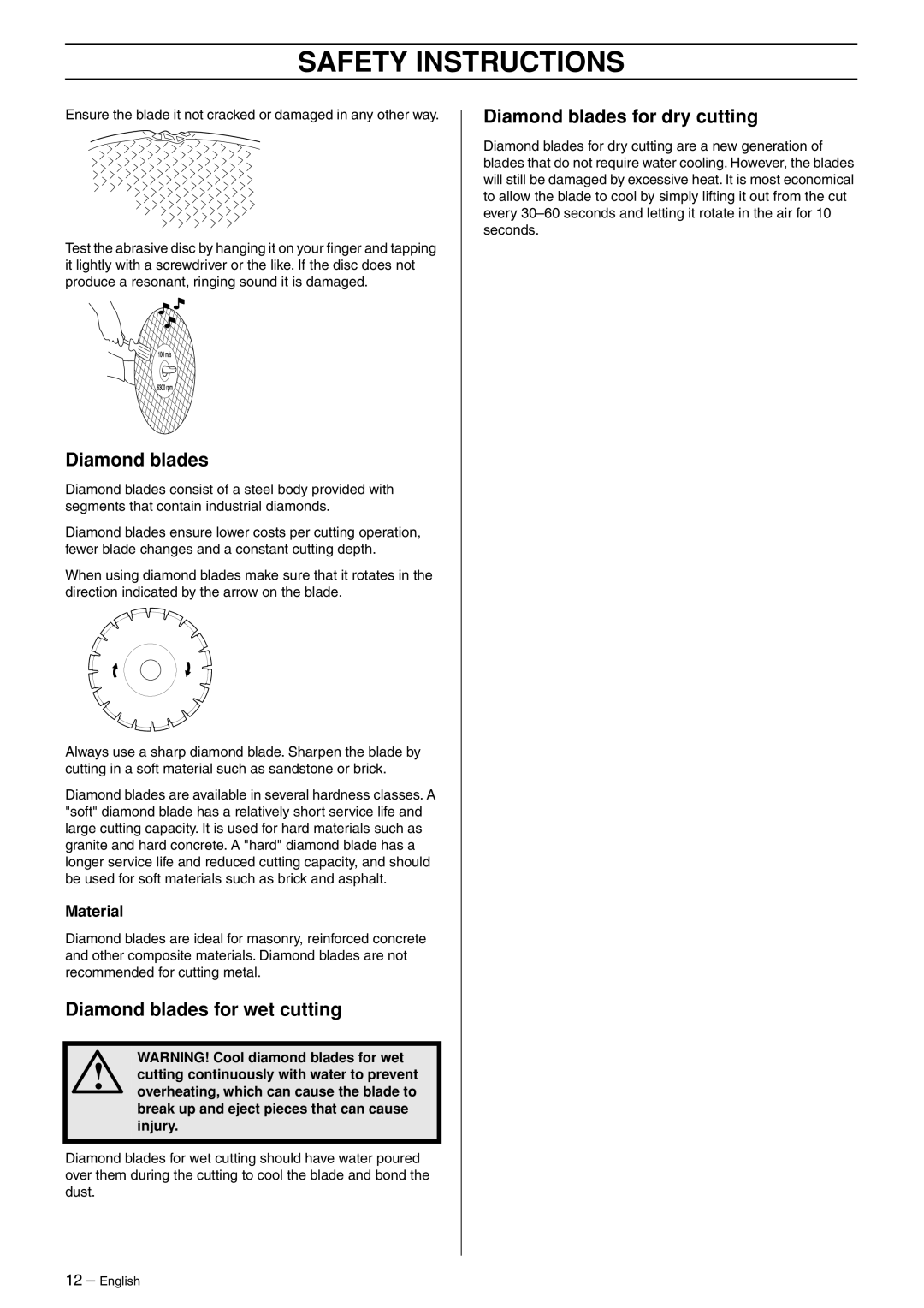 Husqvarna K750 manual Diamond blades for wet cutting, Diamond blades for dry cutting, Material 