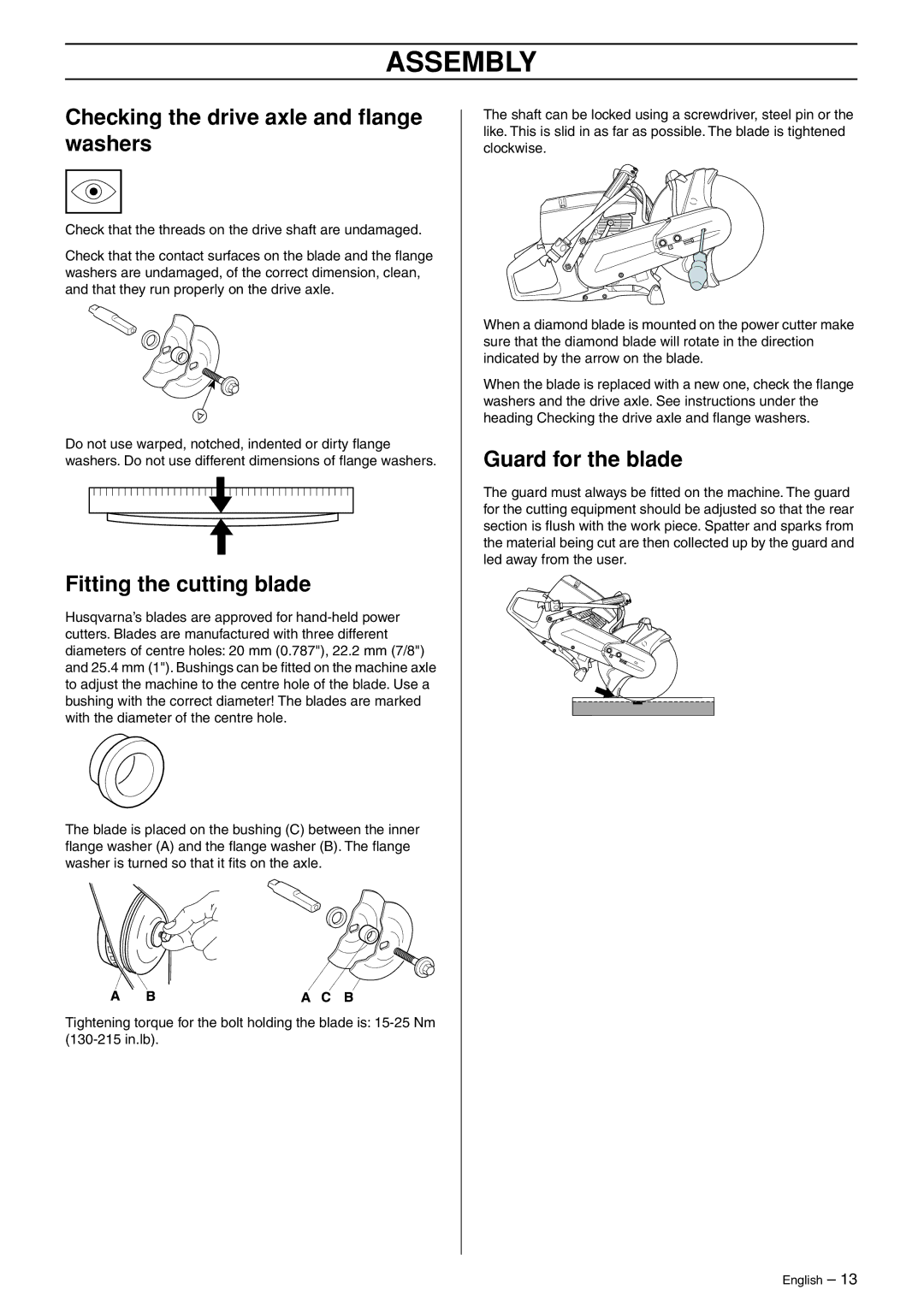 Husqvarna K750 manual Assembly, Checking the drive axle and ﬂange washers, Fitting the cutting blade, Guard for the blade 