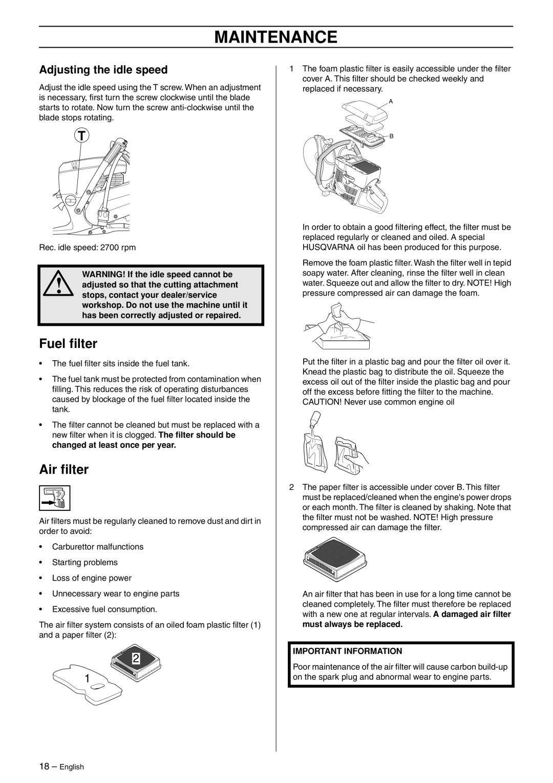 Husqvarna K750 manual Fuel ﬁlter, Air ﬁlter, Adjusting the idle speed 